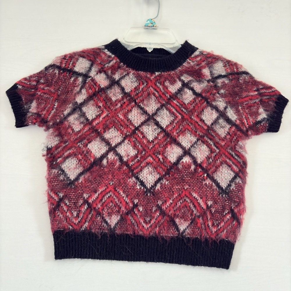 Pilcro Anthropologie Red, White, Black Argyle Short Sleeve Fuzzy Sweater XXS NwT